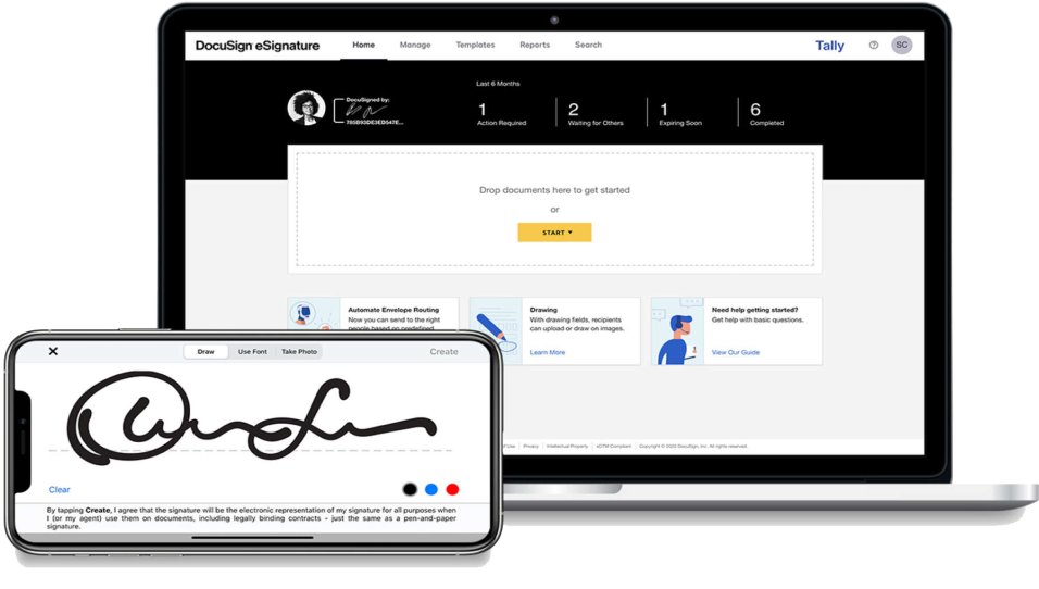 Docusign dashboard displayed on a desktop. Mobile screen displaying an electronic signature